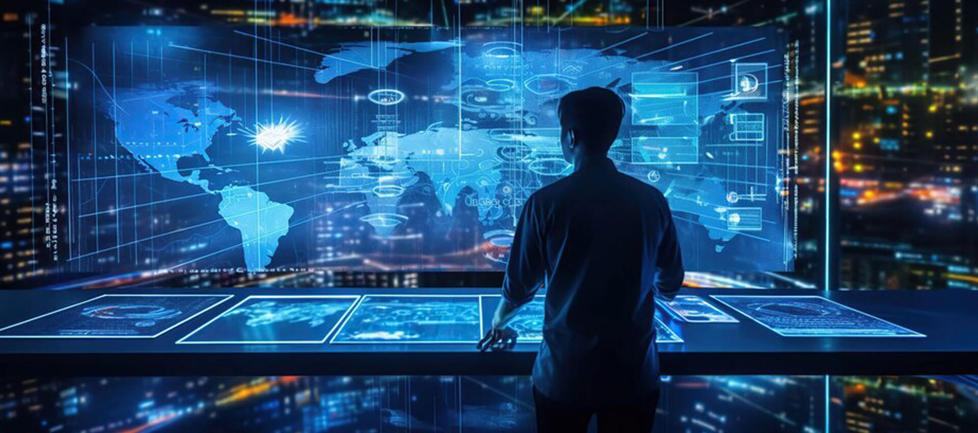 A suited man examines a screen displaying a world map