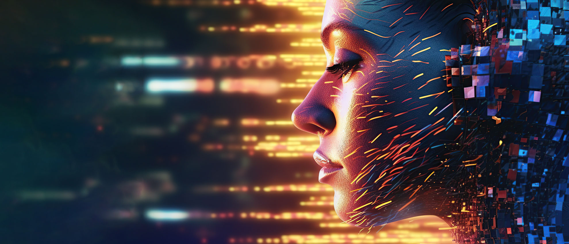 A woman's face softly illuminated by glowing lights